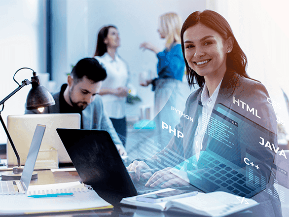 Professional team member reviewing digital platform capabilities